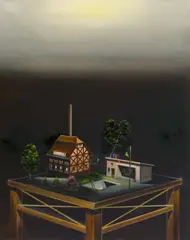 Titus Schade, "Modelltisch Gehöft", 2009, Öl auf Leinwand