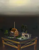 Titus Schade, "Modelltisch Gehöft", 2009, Öl auf Leinwand
