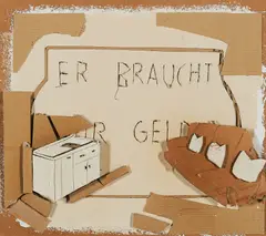 Birgit Brenner, "Er braucht nur Geld", 2012, Panzerfarbe und Acryl auf Pappe