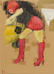 Birgit Brenner, "Winterbleiche Beine mit roten Pickeln ums Knie", 2008, Acryl, Kugelschreiber, Papier, Klebestreifen und Filzstift auf Pappe
