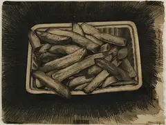 Franz Burkhardt, "Schönheitsflecken auf Pommes!", 2013, Bleistift, Tusche und PU-Lack auf Papier