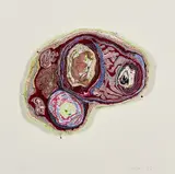 Birgit Dieker, Hirnschnitt, 2012, Collage aus Kleidungsstücken und Stecknadeln auf Platte. Auf Karton montiert