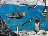 Marcel Eichner, "Bingo Bongo, oder der Ort wo die Gejagten Urlaub machen", 2011, Acryl, Gouache und Tusche auf Leinwand