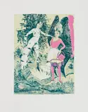 Rosa Loy, "Kreuzung", 2015, Farblithografie und Schellack auf Stein-Werk Büttenpapier (Prägestempel)