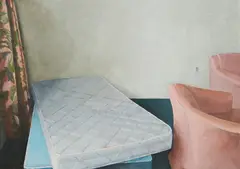 "Saxony Interior #5 Grey mattress w/ pink chairs" by Jenny Brillhart, 2006, Öl auf Holz, sold Jan 2020