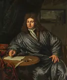 Michiel van Musscher, Künstler am Zeichentisch im Atelier, Öl auf Leinwand