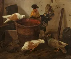 Jacobus Victors, Stallinterieur mit Tauben und einem Hahn, Öl auf Leinwand
