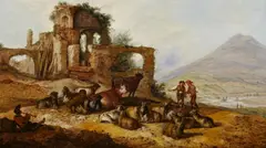 Jacobus Mancadan, Italienische Ruinenlandschaft mit Hirten, Öl auf Holz
