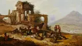 Jacobus Mancadan, Italienische Ruinenlandschaft mit Hirten, Öl auf Holz