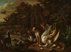 Adriaen de Gryef, Jäger mit Hunden und Beute bei der Entenjagd am Wasser, Öl auf Holz