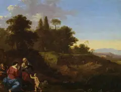 Südliche Landschaft mit der Heiligen Famile zusammen mit dem Johannesknaben und der Heiligen Elisabeth by Cornelis van Poelenburgh, Öl auf Holz, sold May 2020