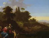 Cornelis van Poelenburgh, Südliche Landschaft mit der Heiligen Famile zusammen mit dem Johannesknaben und der Heiligen Elisabeth, Öl auf Holz