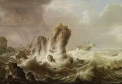 Simon Jacobsz. Vlieger, Schiffbruch in stürmischer See, Öl auf Holz