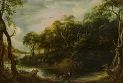 Adriaen van Stalbemt, Bewaldete Flusslandschaft mit Tobias und dem Engel, Öl auf Holz