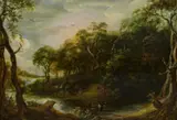 Adriaen van Stalbemt, Bewaldete Flusslandschaft mit Tobias und dem Engel, Öl auf Holz