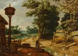 Johannes Urselincx, Holländische Landschaft mit einer Bäuerin, die Enten füttert, Öl auf Holz