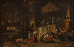 Rombout van Troyen, König Ahas opfert seinen Sohn dem Moloch, Öl auf Holz