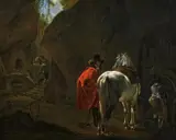 Jan Asselijn, Vornehmer Reiter mit seinem Pferd an der Tränke, Öl auf Leinwand