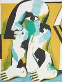 Horst Antes, Figur mit schwarzer Kappe auf Ocker, 1967, Farblithografie auf Velin