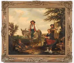 William Shayer, Boy on a Donkey with a Gathering of Children and Dog, Oil on canvas