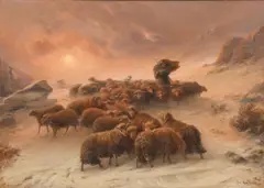 August Friedrich Albert Schenck, Shepherd with Flock in Snowstorm at Dusk, Oil on canvas