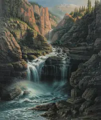 Willam A. Carson, Waterfall in Rocky Mountain River Valley, Oil on canvas laid down