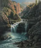 Willam A. Carson, Waterfall in Rocky Mountain River Valley, Oil on canvas laid down
