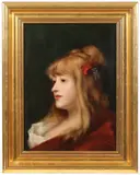 French School, Portrait of Woman with Flower in Hair, Oil on chamfered mahogany wood panel