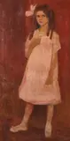 American School, Girl in Pink Dress with Bow, Oil on canvas