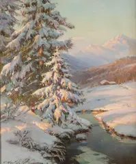 Constantin Westchiloff, Alpine Winter Landscape at First Light, Oil on canvas