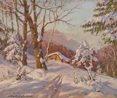 Constantin Westchiloff, Cabin in Winter Alpine Landscape, Oil on canvas