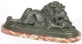 Paul Edouard Delabrierre, Lion Attacking a Fawn, Bonze with dark verdigris patina on oval rouge marble base