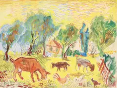 David Burliuk, Animals Grazing, Arles France, Watercolor on paper