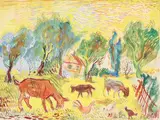 David Burliuk, Animals Grazing, Arles France, Watercolor on paper