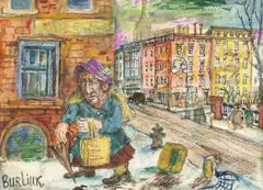 David Burliuk, New York Street Scene with Woman Holding Bag and Umbrella, Watercolor and gouache on paper