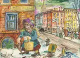 David Burliuk, New York Street Scene with Woman Holding Bag and Umbrella, Watercolor and gouache on paper