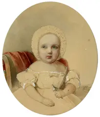 Woldemar Hau, Portrait of Baby with Rattle and Bonnet, Graphite, watercolor and gouache on paper