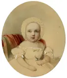 Woldemar Hau, Portrait of Baby with Rattle and Bonnet, Graphite, watercolor and gouache on paper