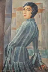 Woman in Striped Dress by Boris Grigoriev, Oil on canvas, sold Aug 2026