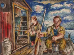 David Burliuk, Dock Scene with Figures, Watercolor on paper