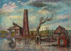 David Burliuk, Surrealistic Landscape with Ruins, Oil on canvas