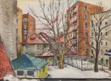 David Burliuk, Brooklyn Winter Cityscape, Watercolor on paper