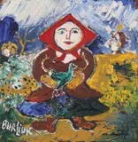 David Burliuk, Village Girl Holding Chicken, Oil on wood board