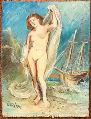 David Burliuk, Female Nude on Beach, Oil on wood