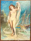 David Burliuk, Female Nude on Beach, Oil on wood