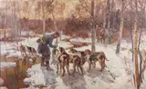 A Hunting Party in Snowy Woods by Rudolf Rudolforvich Frentz, Oil on canvas, sold Aug 2026