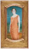 Three Quarters Length Portrait of Woman in Salmon Dress Wearing Emerald Earrings by Mira Edgerly Korzybska, Watercolor on oval ivory support, sold Aug 2026