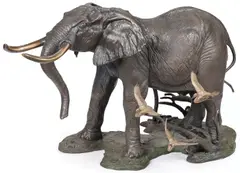 William Davis, Bull Elephant with Cattle Egrets, Bronze with greenish brown patina