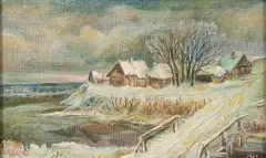David Burliuk, Winter Landscape with Farmstead, Oil on artist board