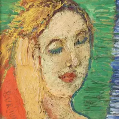 David Burliuk, Portrait of Woman Resting Head in Hand, bas-relief sculpted plaster and oil paint on Masonite